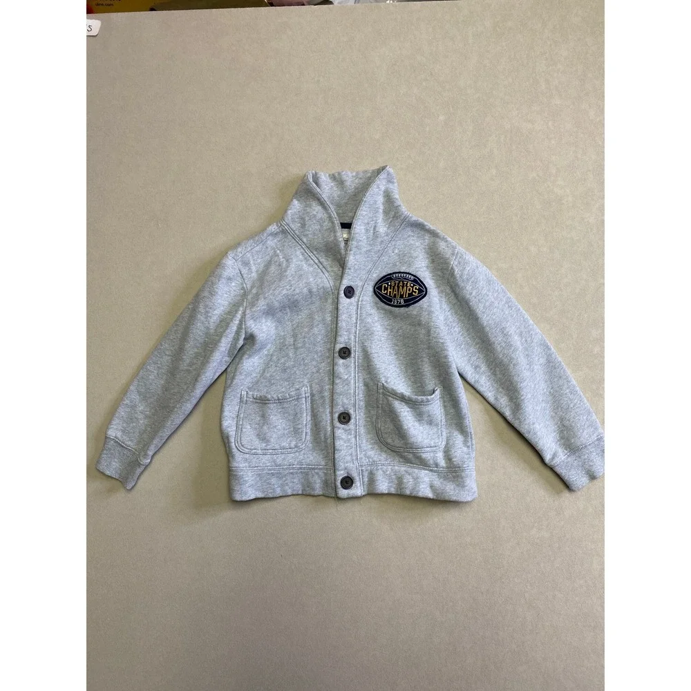 Gymboree Boys Size S 5-6 Gray Varsity Shawl Collar Fleece Button CardiganSweater